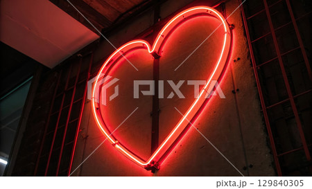 glowing red neon heart against dark background creates romantic atmosphere 129840305