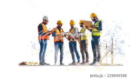 Group of construction workers wearing helmets and vests holding tools. for labor and building themes. 129840386