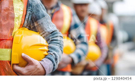 Group of construction workers wearing helmets and vests holding tools. for labor and building themes. 129840454