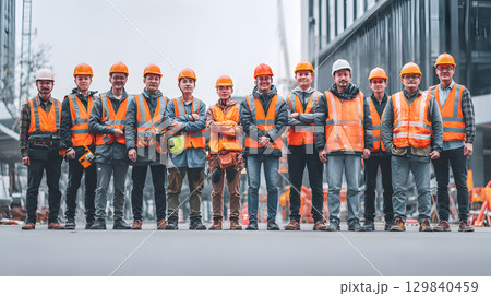 Group of construction workers wearing helmets and vests holding tools. for labor and building themes. 129840459