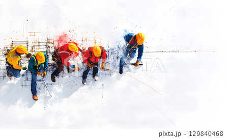 Group of construction workers wearing helmets and vests holding tools. for labor and building themes. Group of construction workers wearing helmets and vests holding tools. for labor and building themes. 129840468