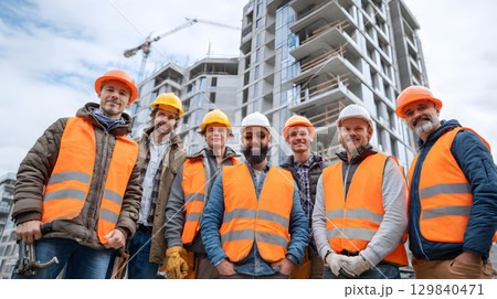 Group of construction workers wearing helmets and vests holding tools. for labor and building themes. 129840471