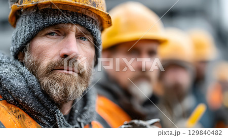 Group of construction workers wearing helmets and vests holding tools. for labor and building themes. Group of construction workers wearing helmets and vests holding tools. for labor and building themes. 129840482