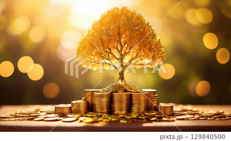 majestic golden tree with shimmering leaves grows from pile of coins, symbolizing wealth and 129840500