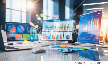 Modern workspace featuring three laptops and a tablet on a desk surrounded by office supplies 129840556
