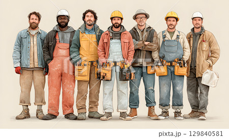 Group of construction workers wearing helmets and vests holding tools. for labor and building themes. Group of construction workers wearing helmets and vests holding tools. for labor and building themes. 129840581