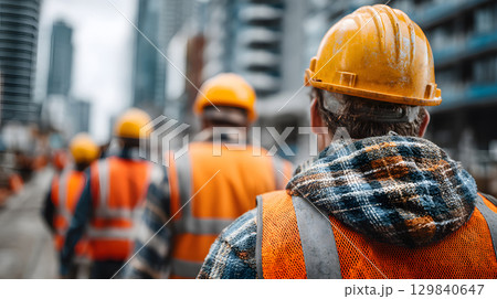 Group of construction workers wearing helmets and vests holding tools. for labor and building themes. 129840647