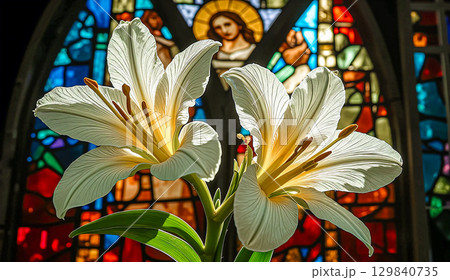 White lilies against a stained glass background. Two white lily branches on a complex decorative stained glass window depicting God. 129840735