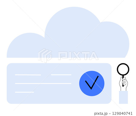 Cloud storage icon with a large checkmark box and a hand holding a magnifying glass. Ideal for data security, verification, cloud computing, data storage, cybersecurity, quality assurance, clarity 129840741