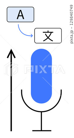 Microphone speech bubbles with text and upward arrow in blue and black. Ideal for translation, communication, growth, voice technology, multilingualism, innovation, progress. Line metaphor 129840749