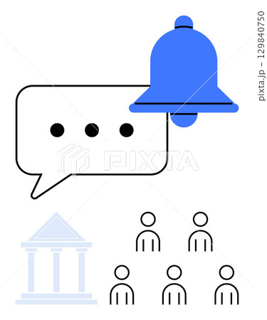 Speech bubble with ellipsis for communication, bell for notifications, building for institutions, and people for groups. Ideal for messaging apps, notifications, organization, institution 129840750