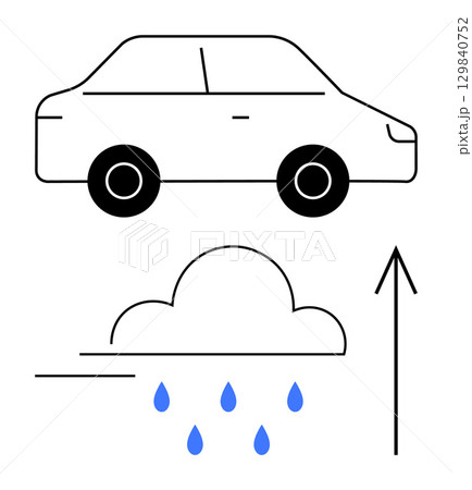 Car outline above a rain cloud with raindrops and an upward arrow. Ideal for weather forecast, automotive industry, travel, transportation logistics, environmental awareness, educational materials 129840752