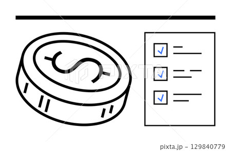 Large coin with dollar sign beside checklist with three checked items and text lines. Ideal for financial management, budgeting, investment planning, business strategy, project management, to-do 129840779