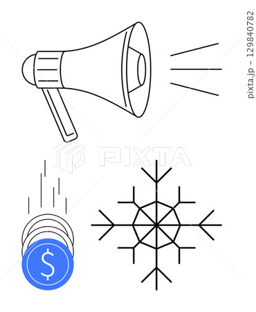 Megaphone emitting sound, coins falling with a dollar symbol, and a stylized snowflake. Ideal for marketing, economics, winter, communication, savings finance and holiday themes. Line metaphor 129840782