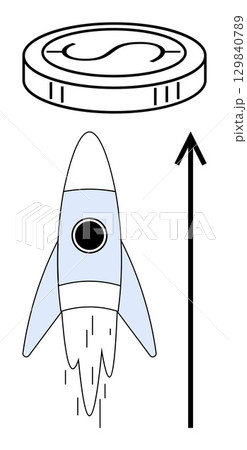 Rocket propelling towards a coin symbolizing financial growth and cryptocurrency potential. Ideal for themes of innovation, finance, technology, progress, investment, cryptocurrency, success. Line Rocket propelling towards a coin symbolizing financial growth and cryptocurrency potential. Ideal for themes of innovation, finance, technology, progress, investment, cryptocurrency, success. Line 129840789