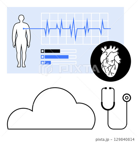 Human silhouette with ECG line chart and heart diagram. Stethoscope and cloud icon underscore digital health themes. Ideal for healthcare, telemedicine, diagnostics, medical apps, health data Human silhouette with ECG line chart and heart diagram. Stethoscope and cloud icon underscore digital health themes. Ideal for healthcare, telemedicine, diagnostics, medical apps, health data 129840814