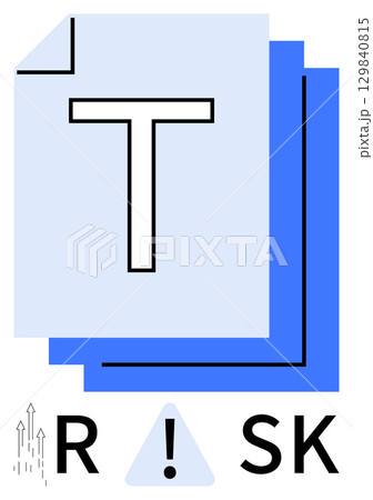 Layered documents with a large letter T above the word RISK featuring an exclamation mark in a triangle. Ideal for business strategy, risk management, analysis, communication, warning, data review 129840815