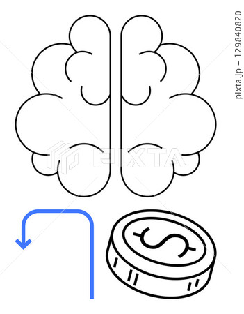 Brain profile next to a dollar coin with a blue downward arrow. Ideal for finance, investment, education, mental health, business, decision making, cognitive research. Line metaphor 129840820