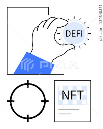 Hand grabbing DeFi button, circular crosshair target, and NFT poster. Ideal for cryptocurrency, blockchain, finance, investment, digital assets tech innovation strategic planning. Line metaphor Hand grabbing DeFi button, circular crosshair target, and NFT poster. Ideal for cryptocurrency, blockchain, finance, investment, digital assets tech innovation strategic planning. Line metaphor 129840821