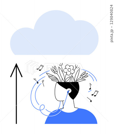 Person with flowers growing from their head listening to music via earphones, while an arrow points to a cloud. Ideal for mental health, music therapy, mindfulness, creative thinking. Line metaphor Person with flowers growing from their head listening to music via earphones, while an arrow points to a cloud. Ideal for mental health, music therapy, mindfulness, creative thinking. Line metaphor 129840824