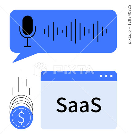 Microphone icon with sound waves in blue speech bubble, coins dropping, and SaaS on browser window. Ideal for technology, software development, SaaS, voice recognition, cost management, data 129840825