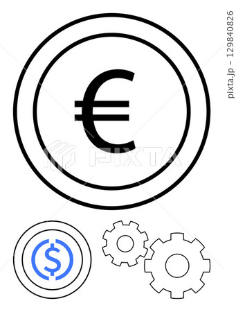 Central euro and dollar signs enclosed in circles, accompanied by two interlocking gears. Ideal for finance, economy, investment, currency exchange, business strategy, trade collaboration. Line Central euro and dollar signs enclosed in circles, accompanied by two interlocking gears. Ideal for finance, economy, investment, currency exchange, business strategy, trade collaboration. Line 129840826