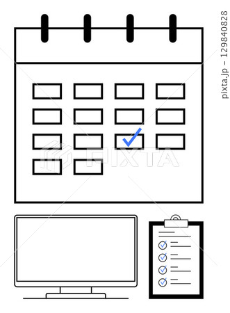 Calendar with a marked date box, checklist on clipboard, and computer monitor. Ideal for planning, scheduling, to-do lists, productivity, office work project management reminders. Line metaphor Calendar with a marked date box, checklist on clipboard, and computer monitor. Ideal for planning, scheduling, to-do lists, productivity, office work project management reminders. Line metaphor 129840828