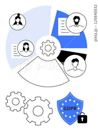 Circular diagram with user icons, gears, and GDPR shield representing data privacy processes. Ideal for privacy policy presentations, cybersecurity, compliance training, data management, corporate 129840832