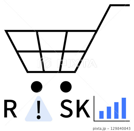 Shopping cart above RISK text, exclamation mark, and rising bar graph emphasize market and shopping hazards. Ideal for financial analysis, business strategy, e-commerce challenges, consumer risk Shopping cart above RISK text, exclamation mark, and rising bar graph emphasize market and shopping hazards. Ideal for financial analysis, business strategy, e-commerce challenges, consumer risk 129840843