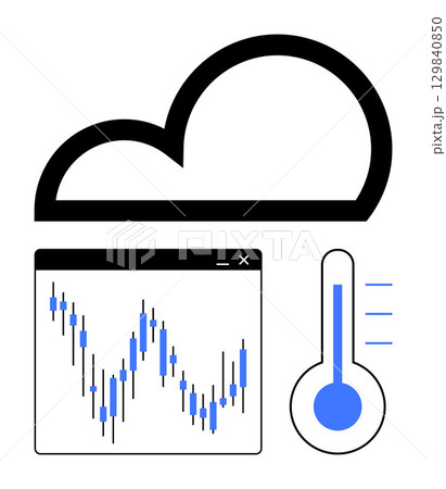 Cloud icon, real-time financial graph, and thermometer with blue temperature bar. Ideal for tech, finance, weather forecasting, data analysis, cloud storage, digital monitoring educational Cloud icon, real-time financial graph, and thermometer with blue temperature bar. Ideal for tech, finance, weather forecasting, data analysis, cloud storage, digital monitoring educational 129840850