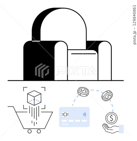 Shopping cart icon with cube, credit card, and coins illustrating online purchase and payment processing. Ideal for e-commerce, digital wallet, finance, retail, online stores security fintech. Line 129840861