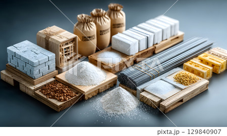 Set of construction materials including bricks, steel, wood, and cement. architecture and building use. Set of construction materials including bricks, steel, wood, and cement. architecture and building use. 129840907