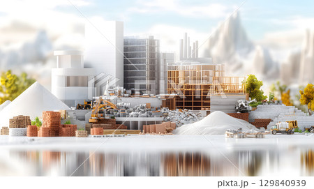 Set of construction materials including bricks, steel, wood, and cement. architecture and building use. 129840939