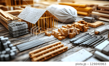 Set of construction materials including bricks, steel, wood, and cement. architecture and building use. 129840963