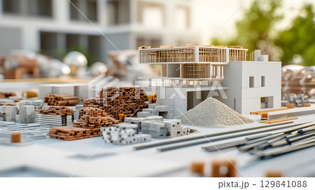 Set of construction materials including bricks, steel, wood, and cement. architecture and building use. 129841088