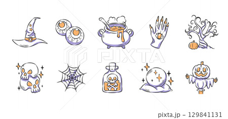 Set of Halloween elements and hand drawn icons includes a witch hat, eyeball, cauldron, hand with eyeball, spooky tree, skulls, spiderweb, potion bottle, crystal ball, pumpkin head scarecrow . Vector 129841131