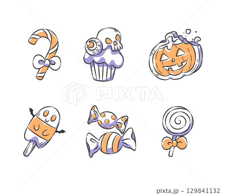 Set of halloween sweets and candies illustration include candy cane, cupcake, pumpkin cookie, ghost popsicle, wrapped candies and lollipop perfect for trick-or-treat designs . Hand drawn icon. Vector Set of halloween sweets and candies illustration include candy cane, cupcake, pumpkin cookie, ghost popsicle, wrapped candies and lollipop perfect for trick-or-treat designs . Hand drawn icon. Vector 129841132