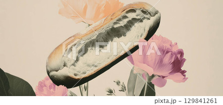 Collage showcases a black-and-white cutout of a baguette with airy crumb amidst floral designs. Collage showcases a black-and-white cutout of a baguette with airy crumb amidst floral designs. 129841261
