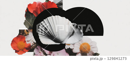Collage combines a black-and-white scallop shell with vibrant floral elements and geometric shapes. 129841273