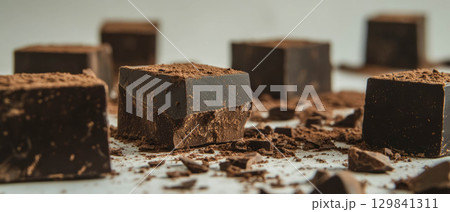 Savor the rich flavor of dark chocolate squares and shavings, showcasing culinary delight. Savor the rich flavor of dark chocolate squares and shavings, showcasing culinary delight. 129841311