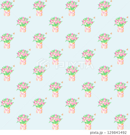 Seamless pattern with a beautiful bouquet of tulips in a box, hand-drawn in watercolor. Seamless pattern with a beautiful bouquet of tulips in a box, hand-drawn in watercolor. 129841492