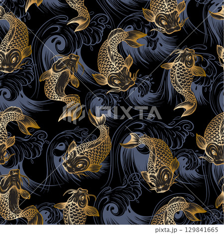 Seamless pattern with golden fish koi. Japanese vintage print 129841665