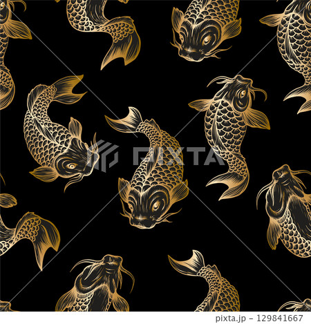 Seamless pattern with golden fish koi. Japanese vintage print. 129841667