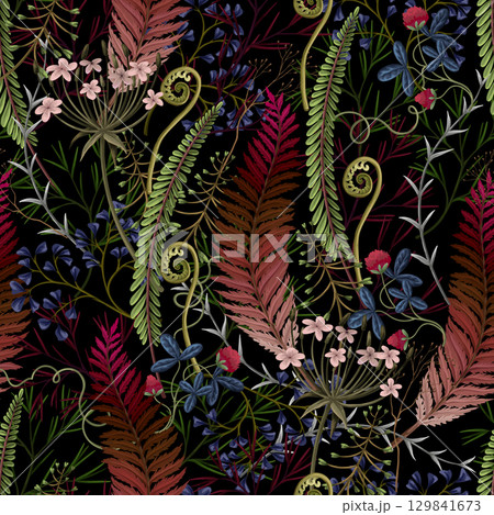 Seamless vector pattern of autumn forest plants, wild berries, clovers, herbs, ferns, and mushrooms Seamless vector pattern of autumn forest plants, wild berries, clovers, herbs, ferns, and mushrooms 129841673