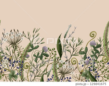 Border of autumn forest plants, wild berries, clovers, herbs, ferns, and mushrooms 129841675
