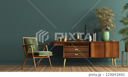 Vintage teal wall showcases midcentury modern desk, complemented by chair and plants, creating calm and inviting workspace 129841692