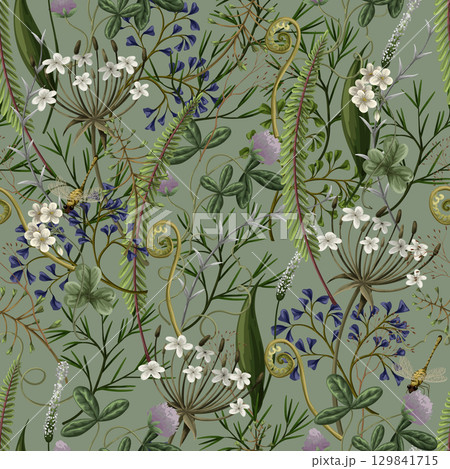 Seamless vector pattern of autumn forest plants, wild berries, clovers, herbs, ferns, and mushrooms 129841715