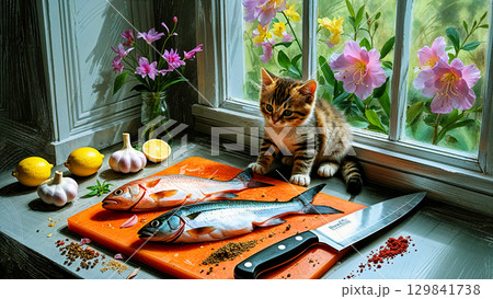 cat on a wooden table 129841738