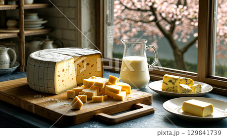 cheese camembert or brie with croissants on the table 129841739