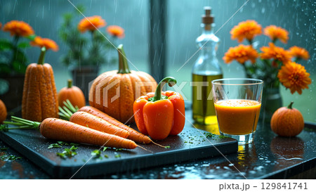 carrot juice with fresh carrots 129841741
